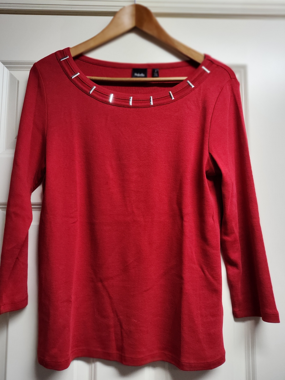 Rafaella Red Long-Sleeve Scoop Neck Top with Silver Bar Accents